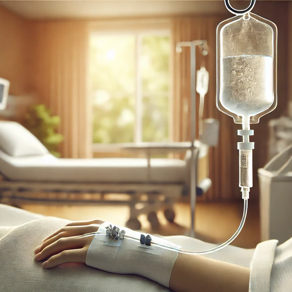 DALL·E 2025-01-15 15.06.58 - A photorealistic depiction of IV therapy, focusing on a patient’s arm with an IV catheter inserted into a vein. The patient’s arm is gently resting on